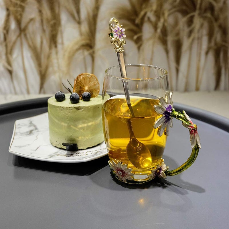 DasyFly Daisy Flower Tea Cup,Handmade Glass Enamel Coffee Mugs with Delicate Spoon,Birthday Gift for Wife,Mum,Girlfriend,Teacher - Image 3